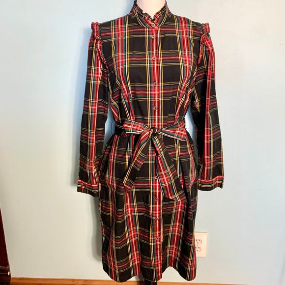 J. Crew Factory Stewart Tartan Plaid Ruffleneck Belted Shirtdress Size 10 - Picture 3 of 10